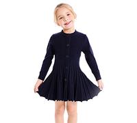 SMILING PINKER Vestito a pieghe per ragazze a maniche lunghe con bottoni per la scuola, maglione lavorato a maglia, blu navy, 3-4 Anni