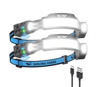 Smiling Shark TS-4 Lampada Frontale LED, Torcia da Testa Ricaricabile 2400mAh 2 Proiettori Orientabili & Luce Inondazione & Strobe Headlamp con Sensore di Movimento per Camping Jogging Corsa (2 PACK)