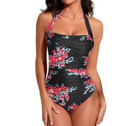 Smismivo Costume da bagno con controllo della pancia Halter un pezzo dimagrante vintage retrò costume da bagno da donna increspato push up costume da bagno, Rosso floreale., XX-Large