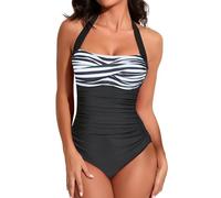 Smismivo Costume da bagno con controllo della pancia Halter un pezzo dimagrante vintage retrò costume da bagno da donna increspato push up costume da bagno, Strisce nere, M