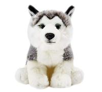 SMJWH Cucciolo di Alaskan Malamute realistico, peluche grigio seduto, cane da slitta, simpatico cane lupo, morbido compagno di coccole, regalo educativo for cani artici.