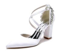 smlekwc Donna Punta Appuntita Décolleté da Sposa con Strass Cinturino Incrociato Sandali per Sposa Tacco Grosso Alto Scarpe da Ballo per Feste,Bianca,41 EU