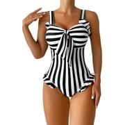 SMMZRF Costume da Bagno Intero da Donna A Righe Bianche E Nere con Scollo all'Americana-Bianco-L