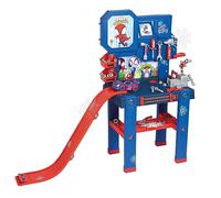 Smoby - Bricolo di Spidey, 7600360729, +3 anni, banco da lavoro, 92 accessori, auto di Spidey, pista per auto