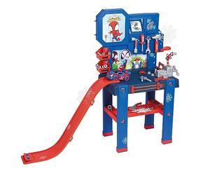 Smoby - Bricolo di Spidey, 7600360729, +3 anni, banco da lavoro, 92 accessori, auto di Spidey, pista per auto