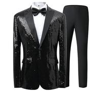 Smoking da Uomo Slim Fit con Paillettes, 2 Pezzi, Completo con Giacca e Pantaloni in Paillettes Nere, Un Bottone Lucido, per Matrimonio, Ballo di fine Anno, Nero, Taglia M