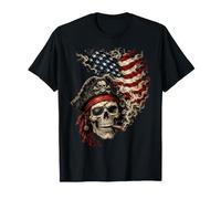 Smoking Pirate Skull 4th of July Grunge Flag Maglietta