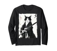 Smoking Samurai Gatto Giapponese Inchiostro Pittura Spadaccino Regalo Maglia a Manica