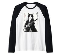 Smoking Samurai Gatto Giapponese Inchiostro Pittura Spadaccino Regalo Maglia con Maniche Raglan