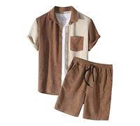 Smoking Set Completo Maschile Spiaggia Velluto a Coste Top Shorts Suit Due Pezzi Camicia Manica Corta Coulisse Tasca Set Corto Elegante Top Mens Giacche, Marrone, M