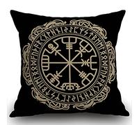 Smooffly Federa decorativa per cuscino per divano, motivo celtico vichingo nero, bussola runica magica, Vegvisir nel cerchio delle rune norrene, draghi, decorazione per la casa, 45 x 45 cm