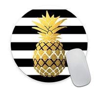 Smooffly Gold Foil Pineapple Round Mouse Pad, Black and White Stripes Circular Mouse Pads Personalized Mouse Pad