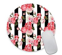 Smooffly Peony and Roses Round Mouse Pad Custom, Black and White Stripes Flowered Non-Slip Rubber Circular Mouse Pads Cute Mat Size 7.9 x 7.9 x 0.12 Inch