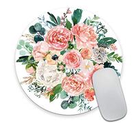 Smooffly Tappetino per mouse rotondo con motivo floreale ad acquerello, rosa brillante, per computer portatili, foglie verdi, circolari, antiscivolo, in gomma