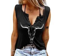 Smooth As Tennessee Canotta Dolce come Fragola Camicia Anello Foro Senza Maniche Sexy Scollo a V Donna Retro Country Music Top, Cranio Mucca Z Nero, S
