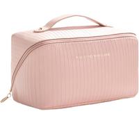 Smooth Zipper Makeup Pouch Center Zippered Bag Travel Toiletry Waterproof Faux Leather Large Capacity Multi-Compartment with Handle Cosmetic Pink Handy and professional