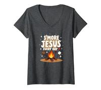 S'More Jesus Every Day - Ispirazione Cristiana del falò Maglietta con Collo a V, Donna, Grigio Scuro, S
