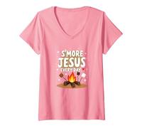 S'More Jesus Every Day - Ispirazione Cristiana del falò Maglietta con Collo a V, Donna, Rosa, S