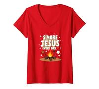 S'More Jesus Every Day - Ispirazione Cristiana del falò Maglietta con Collo a V, Donna, Rosso, L