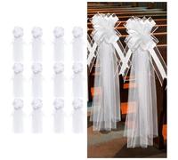 SMTCM Set di 12 fiocchi per matrimonio con coda di tulle, colore bianco, lunghi fiocchi per sedia, in tulle, decorazioni per matrimoni, panchine da chiesa, fiocchi per auto, grandi per feste di nozze