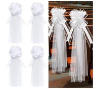 SMTCM Set di 4 fiocchi per matrimonio con coda di tulle, colore bianco, lunghi fiocchi per sedie in tulle, decorazioni per matrimoni, panchine da chiesa, fiocchi per auto, grandi fiocchi per feste di