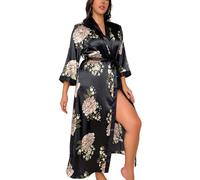 SMTSEC Kimono Accappatoio Floreale da Donna,Camicia da Notte in Raso Taglie Forti Vestaglia Lunga Sexy Accappatoio Leggero Setoso con Scollo A V Abbigliamento da Salotto Femminile,Black,5XL