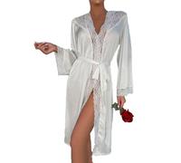 SMTSEC Kimono da Donna in Raso Setoso Vestaglia Floreale in Pizzo Vestaglie da Sposa Camicia da Notte Sexy con Scollo A V Accappatoio Estivo per la Festa Della Camicia da Notte di Nozze Bianco,M