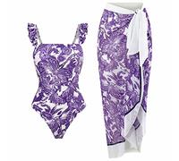 SMUXP Bikini da donna 2 pezzi con gonna lunga sarong, costume da bagno intero con gonna copricostume da bagno in chiffon, costume da bagno sarong con stampa floreale modesto costume da spiaggia