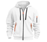 SMUXP Felpa con cappuccio da uomo con zip intera, a maniche lunghe, con tasche, colori a contrasto, per palestra, sport, tempo libero, bianco, L