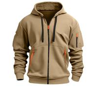 SMUXP Felpa con cappuccio da uomo con zip intera, a maniche lunghe, con tasche, colori a contrasto, per palestra, sport, tempo libero, cachi, M