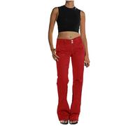 SMUXP Liquidazione della vendita Jeans da donna a gamba dritta, tinta unita a vita bassa svasata Jeans a campana Bootcut Loose Microelastic Boyfried Denim Pants2025 Felice Anno Nuovo, Rosso anguria,