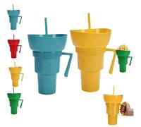 Snack and Drink Cup Combo, 2-In-1 Snack Cup & Bowl And Drink Tumbler With Straw, Tumbler Travel Snack & Multiple Functions, Perfect for Stadium, Travel, Movie Nights (Yellow+Blue)