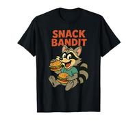 Snack Bandit Raccoon Mangiare Hamburger Retro 90`s Cartoon Style Maglietta
