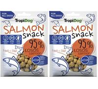 Snack per cani monoproteici con il 95% di salmone, senza cereali e conservanti, ideale per l'addestramento e l'igiene orale - TropiDog Snack Salmon 70g (Confezione da 2)