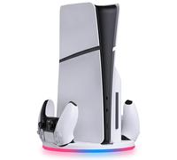 snakebyte PS5 Slim Base & Controller Caricatore - Docking station DualSense e supporto per Playstation 5 Slim, illuminazione RGB, indicatore di carica LED, protezione da sovraccarico e ricarica rapida