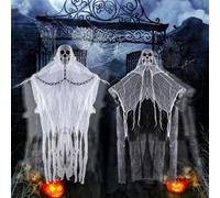Snarflun 2 Pezzi Decorazioni Horror, Fantasmi e Mietitrice Terrore, Scheletro Ghost Appeso, Finestre