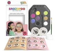 Snazaroo Kit palette per pittura viso con unicorni e farfalle, per bambini e adulti, 8 colori, 13 pezzi, stencil, pennello, spugna, guida, a base d'acqua, facilmente lavabile, non tossico, trucco, body painting e feste