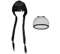 SNBUHA Parrucca Lunga Nera Trecce con Frangia, Doppie Trecce, Parrucca Cosplay Donna con Rete per Adulti, Parrucce Capelli Sintetico per Halloween Festa Cosplay