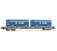 SNCF, vagone porta-container a 4 assi da 60' Novatrans Sgss, grigio, con 2 container da 22' "T.T.S.", epoca V