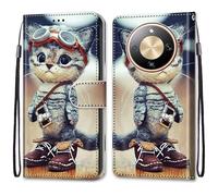 SNCLET Wallet Cover per Honor Magic8 Lite Slim Cover Full Protezione Silicone Custodia Pelle PU Portafoglio con Slot per Schede Magnetica Custodia per Honor Magic8 Lite,Gatto Dei Cartoni