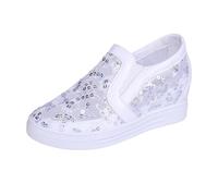 Sneaker da donna, con paillette, ricami floreali, in rete, traspiranti, con zeppa, per il tempo libero, slip-on, comode da camminare, estive, bianco, 36 EU