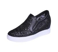 Sneaker da donna, con paillette, ricami floreali, in rete, traspiranti, con zeppa, per il tempo libero, slip-on, comode da camminare, estive, Nero , 37 EU