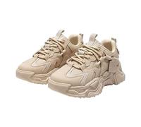 Sneaker da donna con suola spessa rialzata, scarpe sportive rotonde con lacci, per le donne, per attività all'aria aperta, comode, eleganti in pelle, con tacco nascosto, scarpe da jogging, cachi, 39