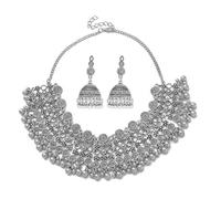 SNHHNSW Bollywood indiano Bollywood tradizionale gioielli Jhumka Set per donne grandi nappe con perline kundan etnica Wedding Wearth Wear Party Festival Orecchini di collana di girocollo Maang Tikka