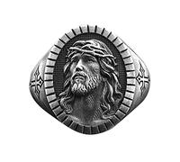 SNHHNSW Men's Jesus Head Ring Catholic Christian Cross Vintage Signet Retro Religious Amulet Baptism Bands Hip Hop Biker Gift for Men Women Father's Day Accessories