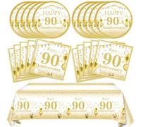 SNIMICS Set di 41 decorazioni per il 90° anniversario di matrimonio, colore: bianco e oro, per festeggiare fino ai 90 anni, piatti, tovaglioli, tovaglie, per uomini e donne, 90° compleanno