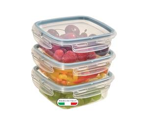 Snips - Set 3 Contenitori per Alimenti 0,5L Trasparenti, Coperchio Salva Freschezza con 4 Chiusure di Sicurezza - Contenitore per Cibi 14,7x14,7x8 Frigorifero, Microonde e Lavastoviglie, Made in Italy