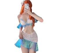 SNOMYRS Costume da sirena per adulti, 3 pezzi, maglia lucida a coda di sirena, gonna con perle in vita, lingerie sexy per cosplay, Halloween, camera da