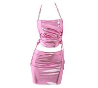 SNOMYRS Effetto bagnato rave abiti in pelle catena in PVC lucido Mini gonna Set olografico Halter Party Clubwear Musica Festival