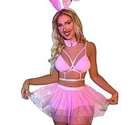 SNOMYRS Sexy Bunny Rave Outfits Mesh Cosplay Lingerie Metallic Crop Top Rosa Body Suit Festival Outfits Plus Size